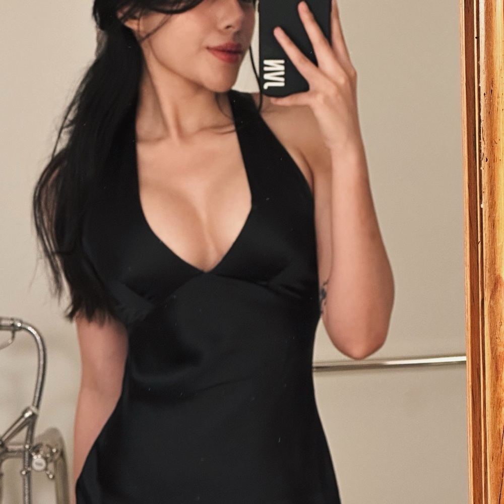 Satin Elegant Black Halter Dress [ Professionally Tailored ]